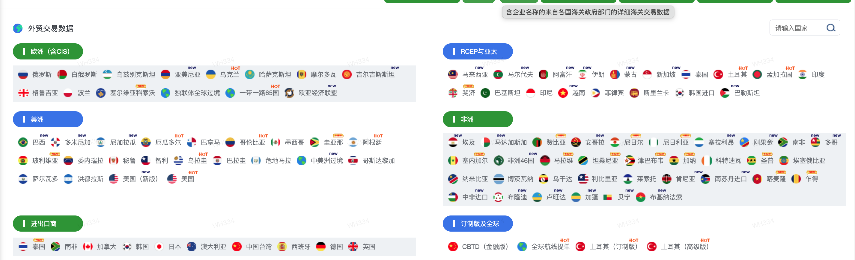 数据系统按欧洲、美洲、RCEP与亚太、非洲分组展示的市场入口。